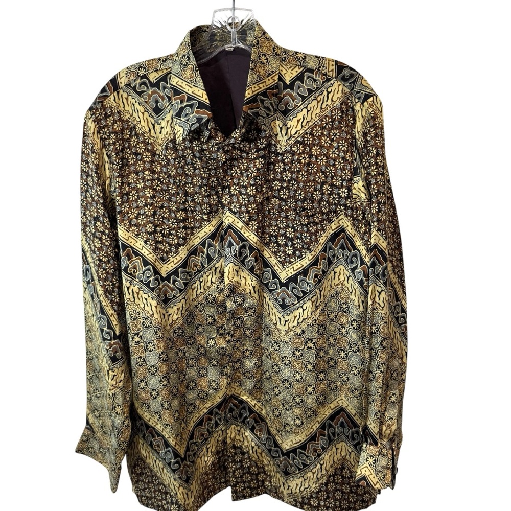 Vintage Fine Silk Batik Art Geometric Button Down Shirt M MOD Farhan Collection